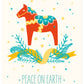 Vorderseite der Weihnachtspostkarte Peace on earth mit der Illustration eines Pferdes von Himmel im Herzen