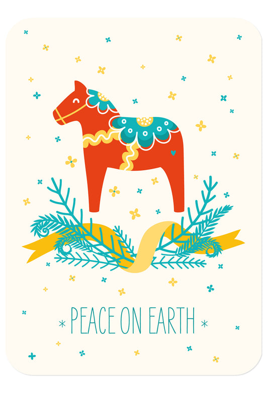 Vorderseite der Weihnachtspostkarte Peace on earth mit der Illustration eines Pferdes von Himmel im Herzen