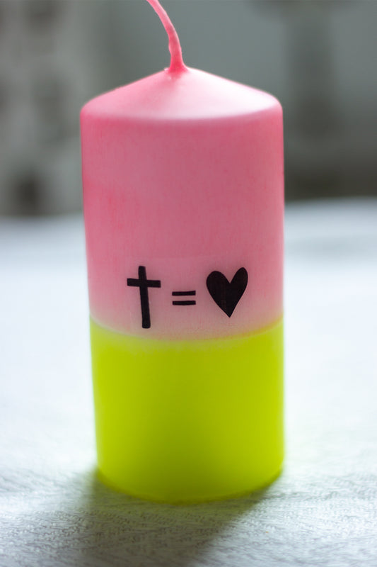Blockkerze - † = ♥ - rosa/gelb