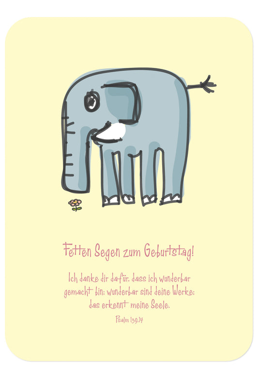 Christliche Postkarte mit Illustration Elefant von Himmel im Herzen zum Geburtstag